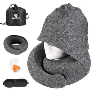 Travel Pillow - Hooded Neck Pillow Airplane Memory Foam Filling for Plane, Office, Cars Sleeping, Road Trip, Long Flights, Airplane Travel Essentials, Includes Eye Mask & Earplugs (Dark Gray)