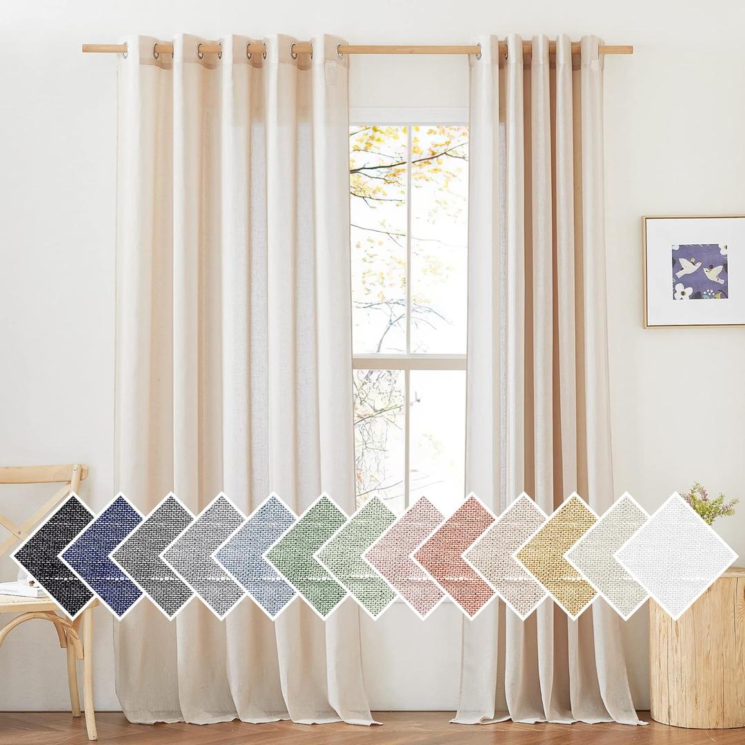 NICETOWN Sliding Door Curtains Linen Sheer Textured, Grommet Semi Sheer Keep Privacy Semi Window Drapes with Light Filtering for Living Room/Bedroom, W70 x L96, 2 Pieces, Beige