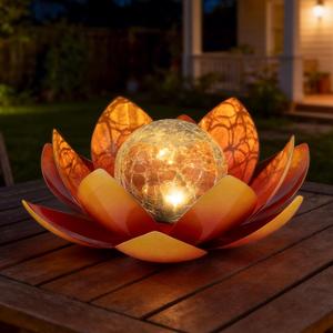 Huaxu Solar Lights Outdoor Garden Decoration Crackle Globe Glass Waterproof LED Metal Orange Lotus Flowers Gift for Mom,Women,Patio,Lawn,Walkway,Tabletop,Ground