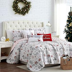 Southshore Fine Living, Inc. Holly Jolly Christmas Quilt Set, King/Cal King Size 6-Piece Holiday Bedding Set w/Shams & Throw Pillows; Reversible Quilt, Christmas Trees & Reindeer Print, Red & White