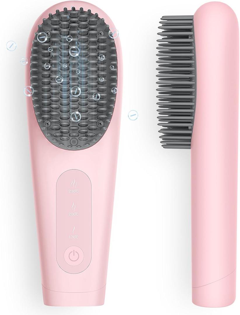 Cordless Hair Straightener Brush, iTayga Portable Hair Straightener Brush for Travel, 7000mAh USB Rechargeable Brush Straightener for Women, Pink