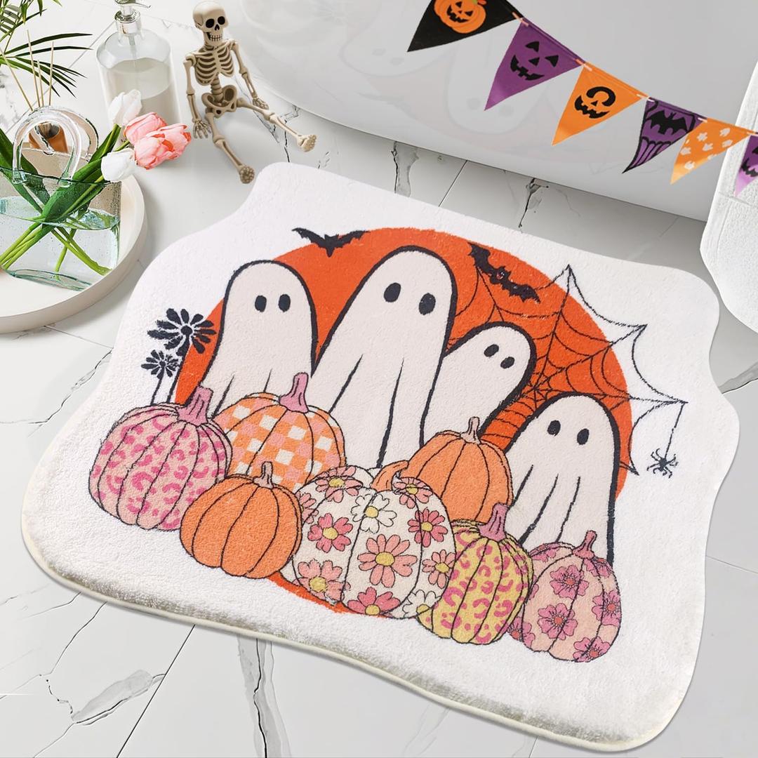SHIYUE Cute Ghost Halloween Bath Rug, Boho Vintage Floral Abstract Spooky Gothic Mat,Soft Microfiber Non Slip for Bathroom Aesthetic Deco (21" x 25" Colorful Pumpkin)