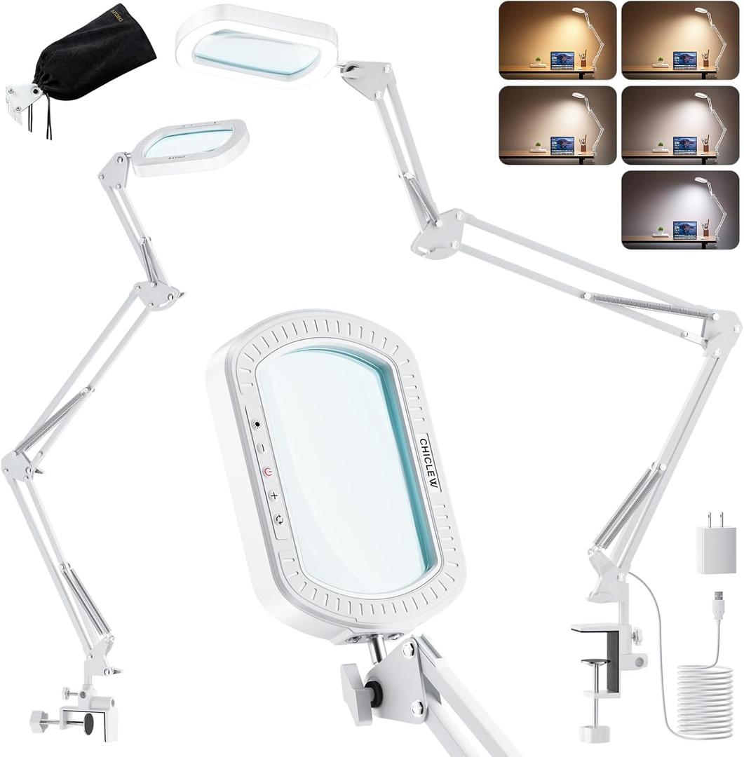 10X Square Magnifying Glass with Light, 3 Arms Table Lighted Magnifying Glasses Lamp with Clamp Hands Free for Reading Crafts Jewelry Repair Painting Close Work Hobbies, 5 Colors 10 Brightness