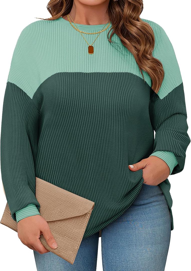 Womens Plus Size Sweatshirt Color Block Side Split Long Sleeve Crewneck Casual Loose Pullover Shirt Top (XXXL)