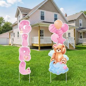 2 Sets Baby Shower Plastic Yard Sign with Stakes Gender Reveal Outdoor Decorations Pink Bear Girl Lawn Sign Newborn Welcome Sign for Girl Gender Reveal Party Supplies