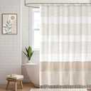 Boho Beige Shower Curtains for Bathroom Cotton Striped Shower Curtain with Tassel 72 X 72