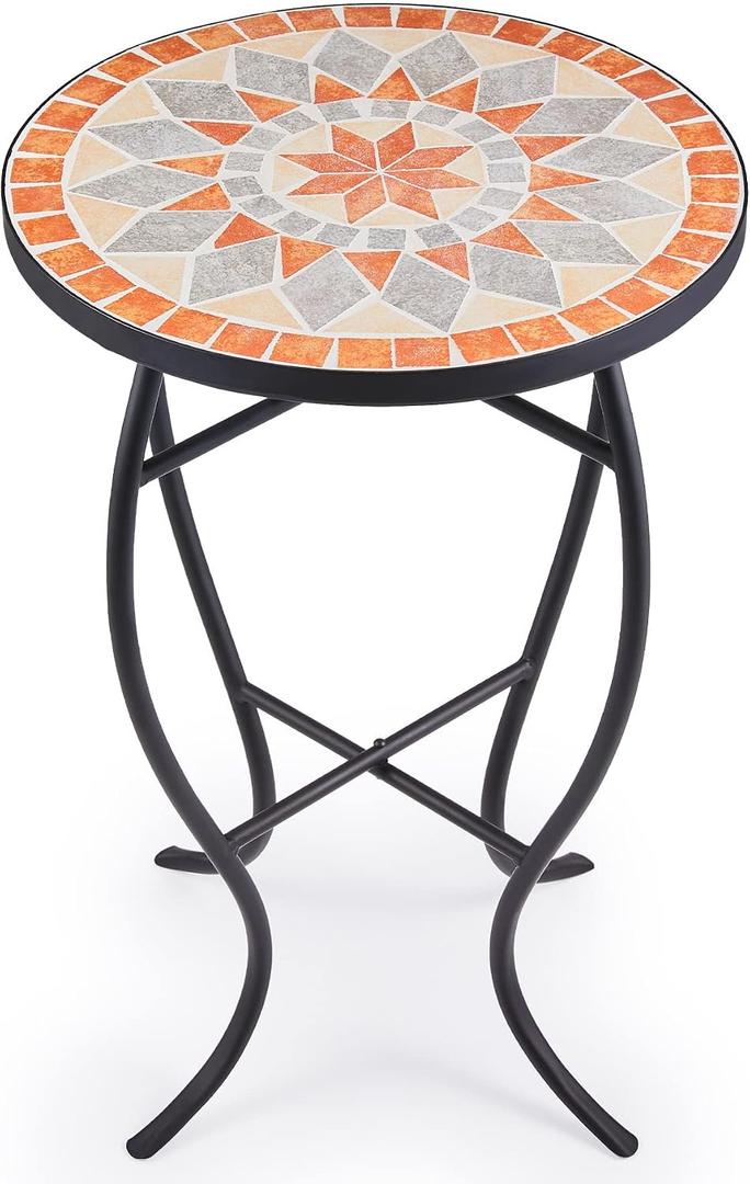 VONLUCE Mosaic Side Table and Plant Stand, 21" Round End Table with 14" Ceramic Tile Top, Indoor and Outdoor Accent Table, Porch Patio Furniture, Entryway & Coffee Table for Home & Garden, Quilt Star