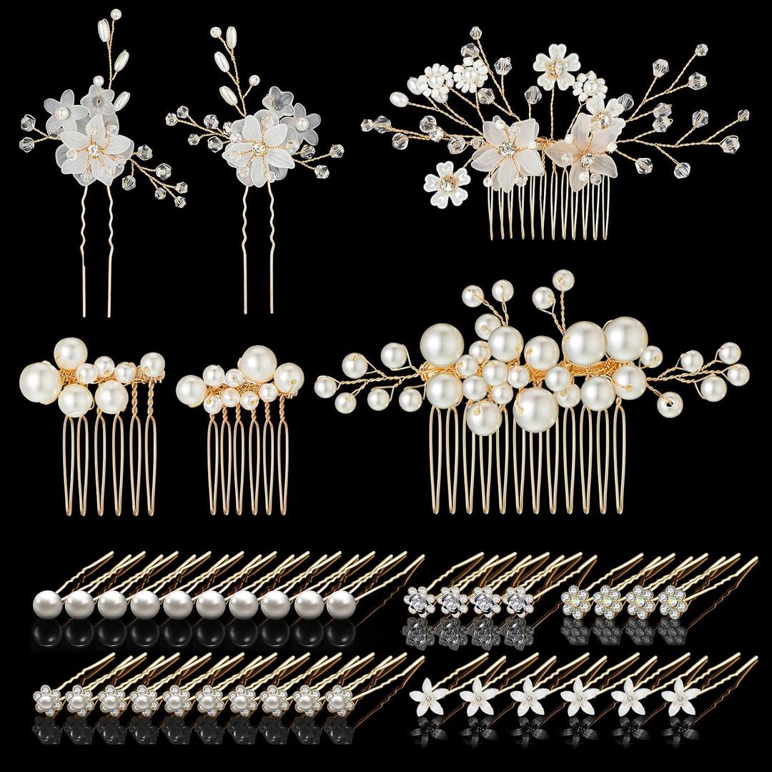 40 Pieces Bridal Hair Accessories Wedding Bridal Hair Pins Decorative Flower Pins U-shaped Pearl Hairs Pin Gold White Crystal Rhinestone Headpiece for Wedding Hairs Pin Women and Girls
