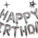 Silver Happy Birthday Banner Balloon Aluminum Foil 16 Inch Letter,10 Inch Five Pointed Star Four Pointed Star Suitable for Kids, Men, Women, Boys and Girls Party Decoration Supplies