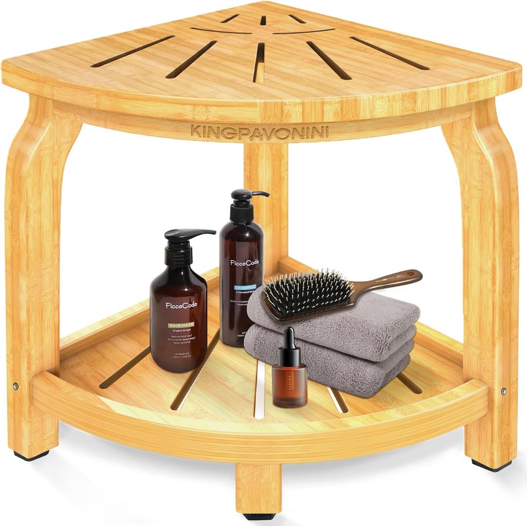 KingPavonini Bamboo Corner Shower Stool for Shaving Legs Foot Rest, Waterproof Bath Bench Seat with Storage Shelf for Bathroom Inside Shower, Hold Up to 450Lbs (Medium)
