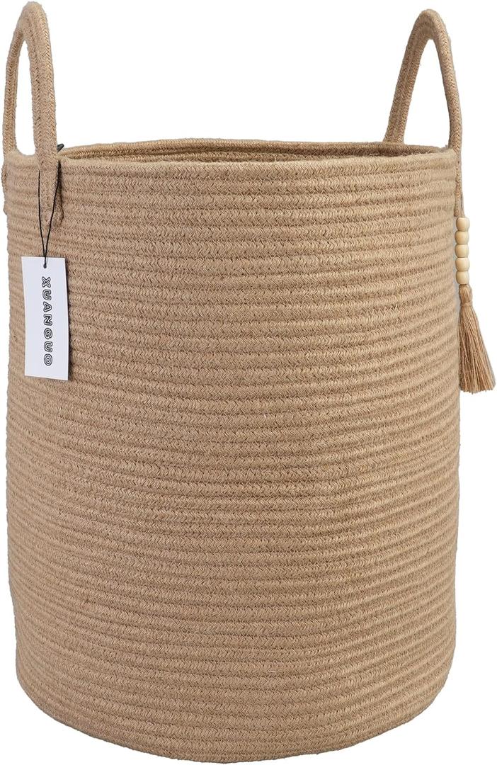 XUANGUO Rope Laundry Basket Laundry Hamper for Clothes Woven Storage Basket for Living Room Bedroom Boho Tall Rope Baskets for Blanket Toys Pillow Towels Baby Nursery Hamper Bin jute (Regular)