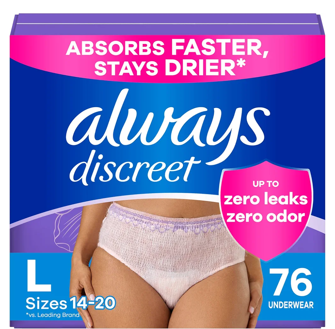 Always Discreet Adult Incontinence Underwear for Women and Postpartum Underwear, Large, Up to 100% Bladder Leak Protection, 76 Count (2 Packs of 38)