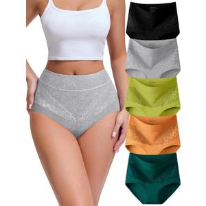 MISSWHO Cotton High Waisted Underwear Women, Tummy Control Briefs C Section Postpartum Ladies Panties Large, 5 Packs