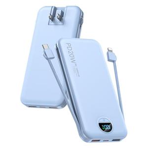 Portable Charger with Built-in Cables and Wall Plug, 10000mAh PD20W USB C Power Bank Fast Charging with LED Display, External Battery Pack Travel Essentials Compatible with iPhone, iPad, Samsung Blue