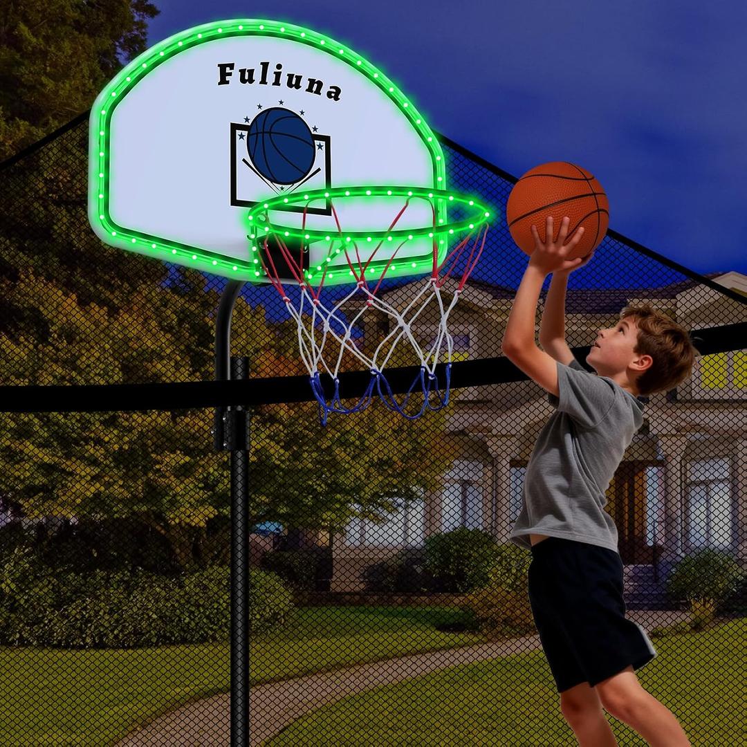 Trampoline Basketball Hoop with Solar Lights, Basketball Hoop for Trampoline Fits Diameter 25mm - 32mm Straight & Curved Pole,Universal Trampoline Basketball Hoop Attachment with Ball and Pump
