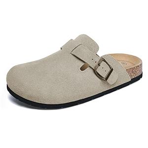 Xiakolaka Women's Suede Clogs Adjustable Buckle Slip on Footbed Home Clog Slippers Beige Size 10