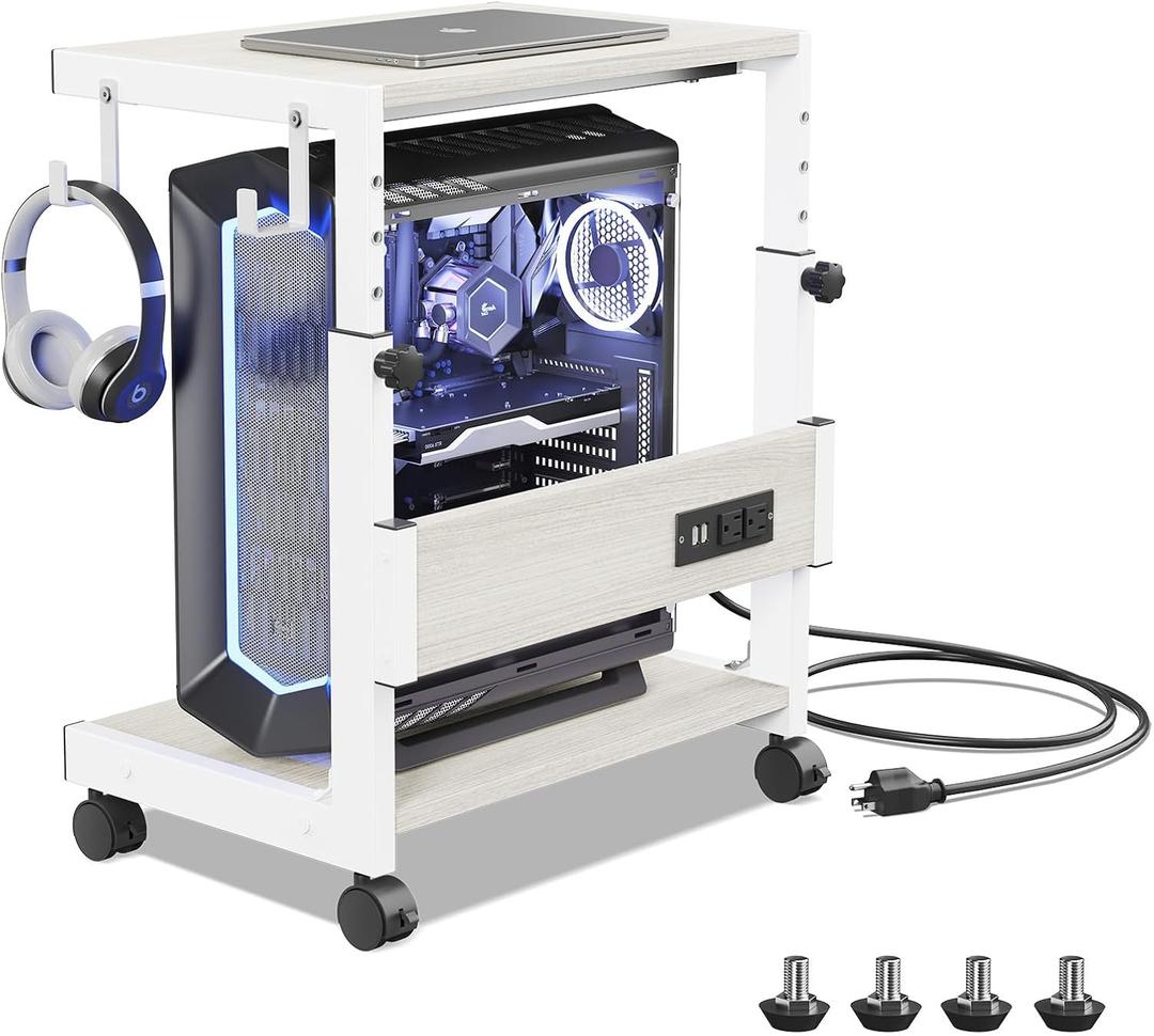 Computer Tower Stand with Charge Station and USB Charging Port - Height Adjustable PC Tower Stand, Under Desk CPU Holder Cart with Locking Caster Wheels for Fits Most PC (17.32", White)