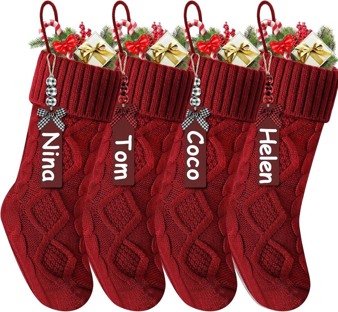 Christmas Stockings 18 Inches,Long Knitted Stocking with Name Tags, Christmas Decoration Hanging Stockings Fireplace Xmas Tree Ornaments for Home Family (4p-red-gj)