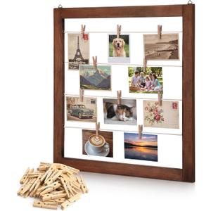 Sintuff Photo Display Board with Clips Farmhouse Picture Collage Board Picture Frame Clothesline Photo Display Stand Decor for Wedding Baby Shower Grad Postcard(Flat Edge,Walnut Wood,23 × 23 Inches)