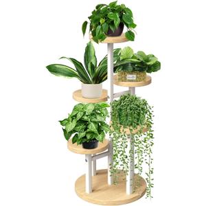 GEEBOBO 5 Tier Plant Stand Indoor, Metal Wood Plant Stands For Indoor Plants Multiple, Corner Tiered Flower Plants Shelf Stand for Living Room Bedroom, White