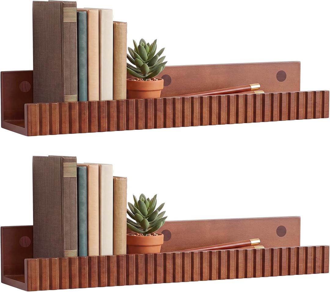 2 Pcs 24 Inch Walnut Scalloped Floating Shelves for Wall Wood Floating Shelf with Lip Ledge Mounted Bookshelves Hanging for Nursery Book Picture Frame Display Bedroom Bathroom Office Decor, 24 x 2.5 x 3.7 inch