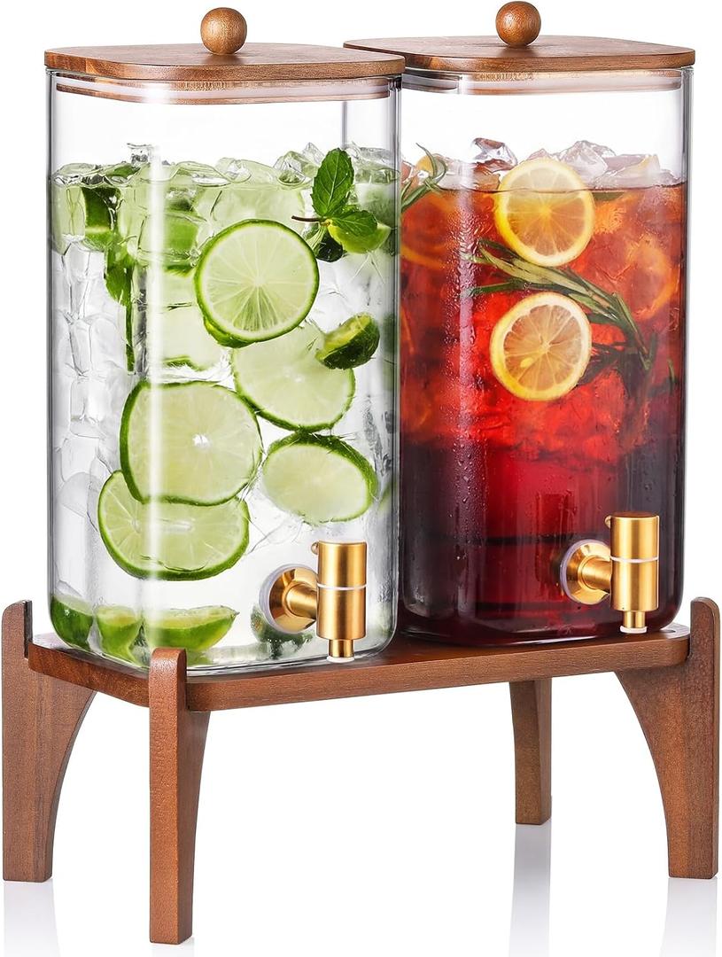 2 Pack 1.5 Gallon Square Glass Drink Dispenser with Wooden Stand & Lid, Large Beverage Dispenser with Stainless Steel Spigot, Juice & Lemonade Dispenser for Parties, Iced Tea, Water, Space-Saving