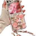Changjia for Samsung Galaxy Z Flip 6 Glitter Bling Case,Cute Luxury 3D Crystal Rhinestone Diamond Flower Sparkle Stunning Stones Pearl with Wrist Strap Women Girls Case for Galaxy Z Flip 6 5G (Pink)