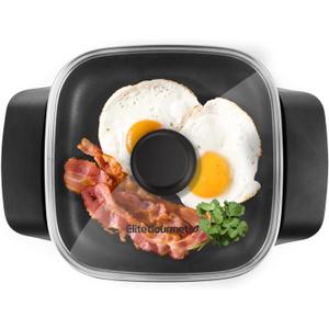 Elite Gourmet EG808 8 x 8" Non-stick Electric Skillet, Dishwasher Safe with Tempered Glass Vented Lid, Rapid Heat Up, 600W, Black (2.5Qt)