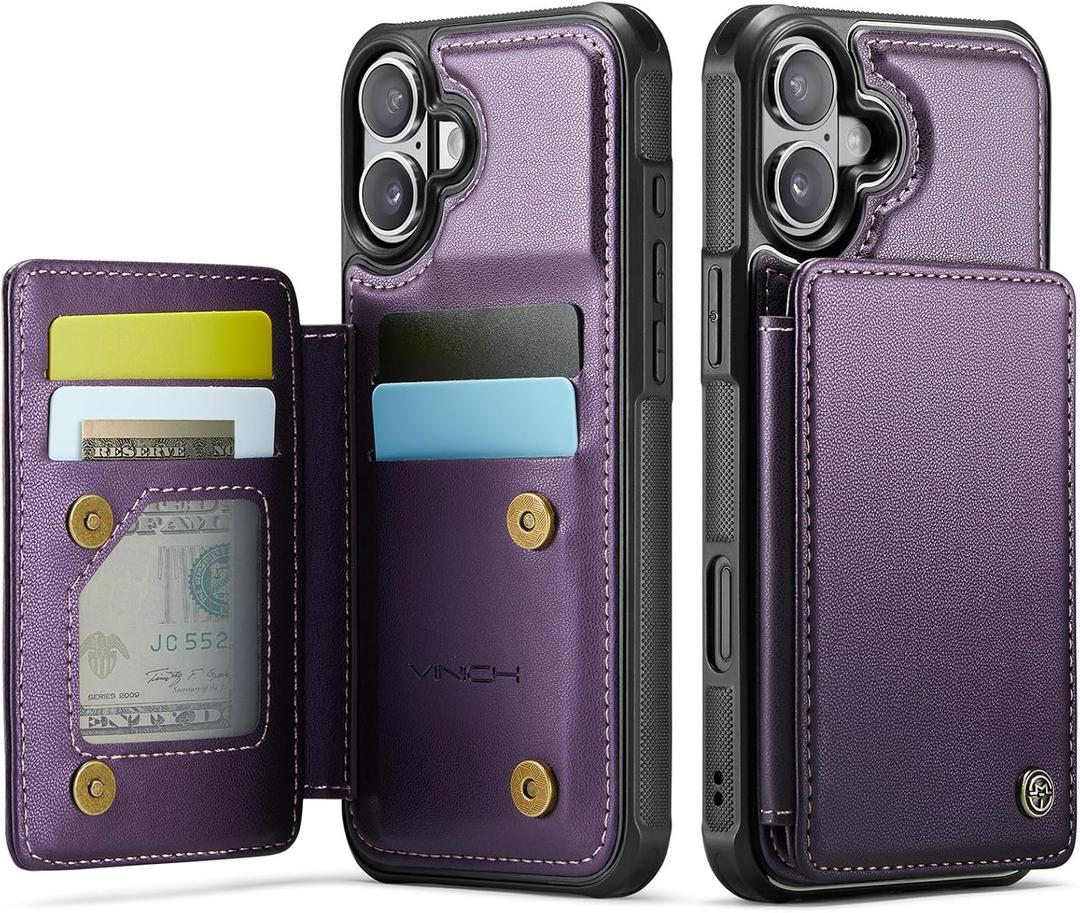 Vinich for iPhone 16 6.1" Wallet Case with Card Holder, RFID Blocking Credit Slots Kickstand Shockproof Phone Cover for Women Men, Purple