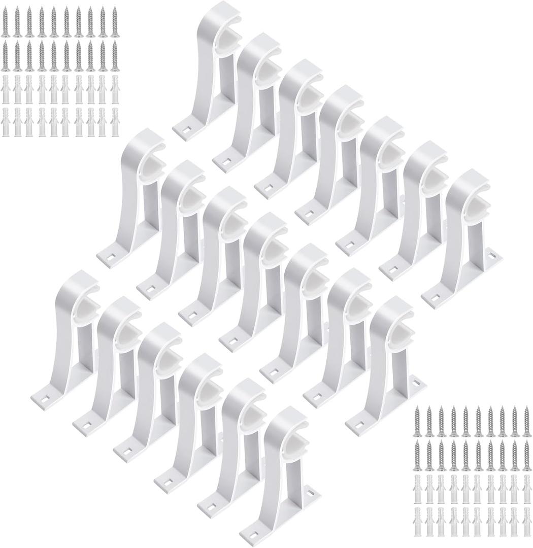 KOLAKO Curtain Rod Holders, Heavy Duty 1 Inch Curtain Rods Bracket, 20 Pack White Drapery Rods Hooks Hangers for Wall, Single Decorative Rod Brackets for 1 Inch Drape Poles