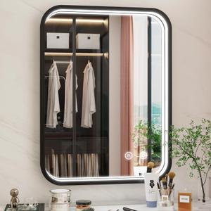 24x32 Inch Black LED Mirror for Bathroom with Lights, 3000K/4500K/6000K, Wall Mounted Lighted Bathroom Vanity Mirrors, Stepless Dimmable, Memory Funtiom, Anti-Fog, Horizontal/Vertical