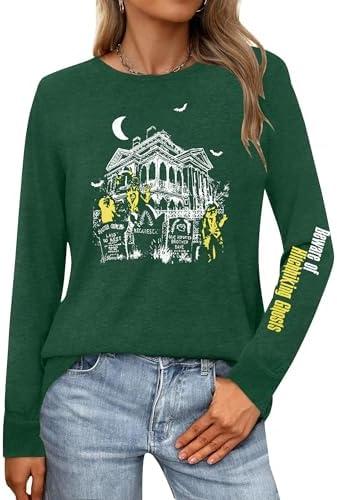 Beware of Hitch Hiking Ghosts Shirt Women Vintage Halloween Long Sleeve T-Shirt Funny Haunted Graphic Tees Top Size L