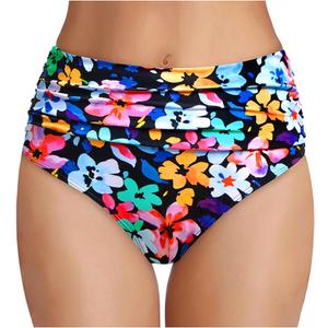 Tempt Me Women's High Waisted Bikini Bottom Tummy Control Ruched Bathing Suit Swim Bottom (Large, Colorful Flower)