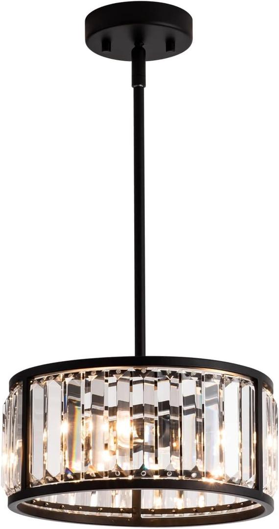 MAYNA Crystal Pendant Light Fixture, 3-Light Black Chandelier Light Fixture, Cylinder Adjustable Height Pendant Lights for Kitchen,Dining Room,Living Room,Foyer,Hallway
