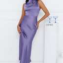 Memoriesea Women's Sexy Sleeveless Cowl Neck Flowy A Line Party Cocktail Midi Dress (Purple, L)