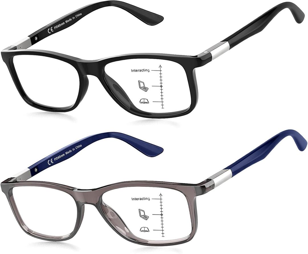 Missfive 2 Pack Progressive Multifocus Reading Glasses Premium Flexible Metal Spring Hinge, Light TR90 Multifocal Readers for Men Women Anti Blue/UV No-Line Trifocal for 3-5ft Mid-Near+2.5