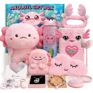 Axolotl Gifts for Girls with Plush Toy/DIY Diamond Water Bottle/Furry Keychain Purse Notebook Pen Eyemask Headband/Stone Bracelet/Necklace/Comb, Birthday Gift for Girl 4 5 6 7 8+ Years Old