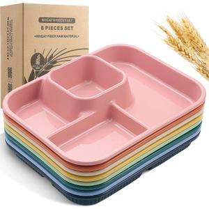 Pinkunn 8 Pcs 10'' Divided Plates Unbreakable Wheat Straw Dinnerware Lunch Trays Lightweight Reusable Plastic Compartment Microwave Dishwasher Safe Separator Plates(Multicolor)