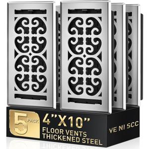 Floor Vent Covers 4x10 Inch Heavy Duty Walkable Air Vent Cover for Home Floor & Wall - Decorative 2MM Thicker Metal Floor Register with Easy Adjust Airflow Switch - Satin Nickel HVAC Vents - 5 Pack