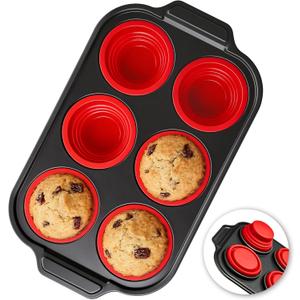 Silicone Muffin Pan for Baking with Metal Reinforced Frame - 6 Cups Regular Size Cupcake Pan Muffin Tins Egg Bite Molds - Nonstick, Easy to Pop, Bakeware for Oven, BPA Free (6-Cups Red)