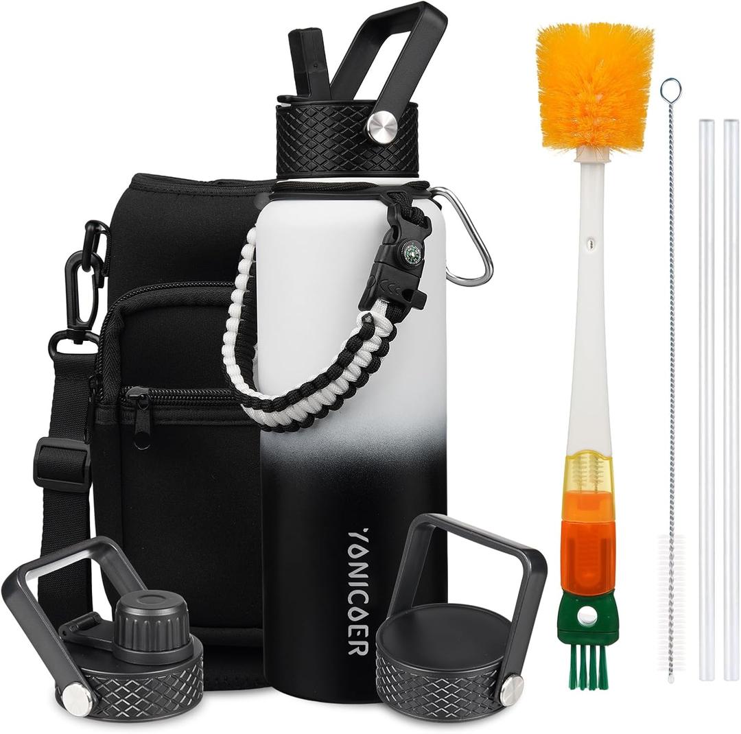 Insulated Water Bottle 40oz,Triple Wall Vacuum Stainless Steel(Dishwasher Safe),Leak Proof & Non-BPA,Flask Jug with Paracord Handle & Straw Spout Lids Sports Gradient black