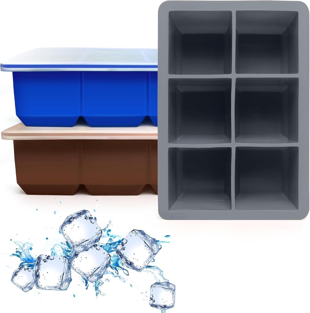 Silicone Ice Cube Trays 3 Pack - Large Size Silicone Ice Cube Molds with Leak Proof Removable Lid Square Ice Cube Tray And BPA Free for Cocktail,Whiskey, Stackable Flexible Ice (Gray)