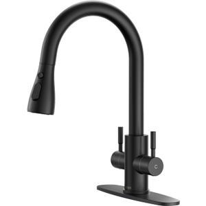 Hurran Kitchen Sink Faucet with Pull Down Sprayer, 2 Handles High Arc Stainless Steel Kitchen Faucet with Escutcheon, Suitable for Kitchens, RVs, and Bars, Black