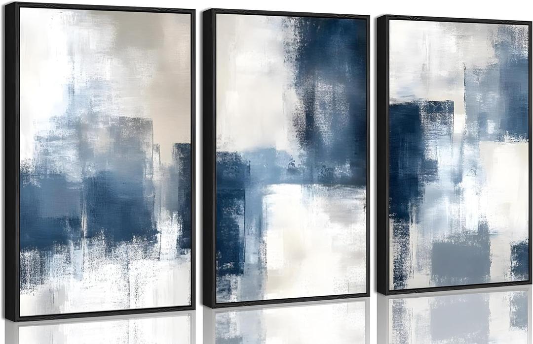 3 Pcs Framed Navy Blue Abstract Canvas Wall Art Modern Minimalist Neutral Blue and Grey Paintings Pictures Wall Decor Poster Print Artwork for Living Room Bedroom Office Home Decoration, 16x24in-Framed