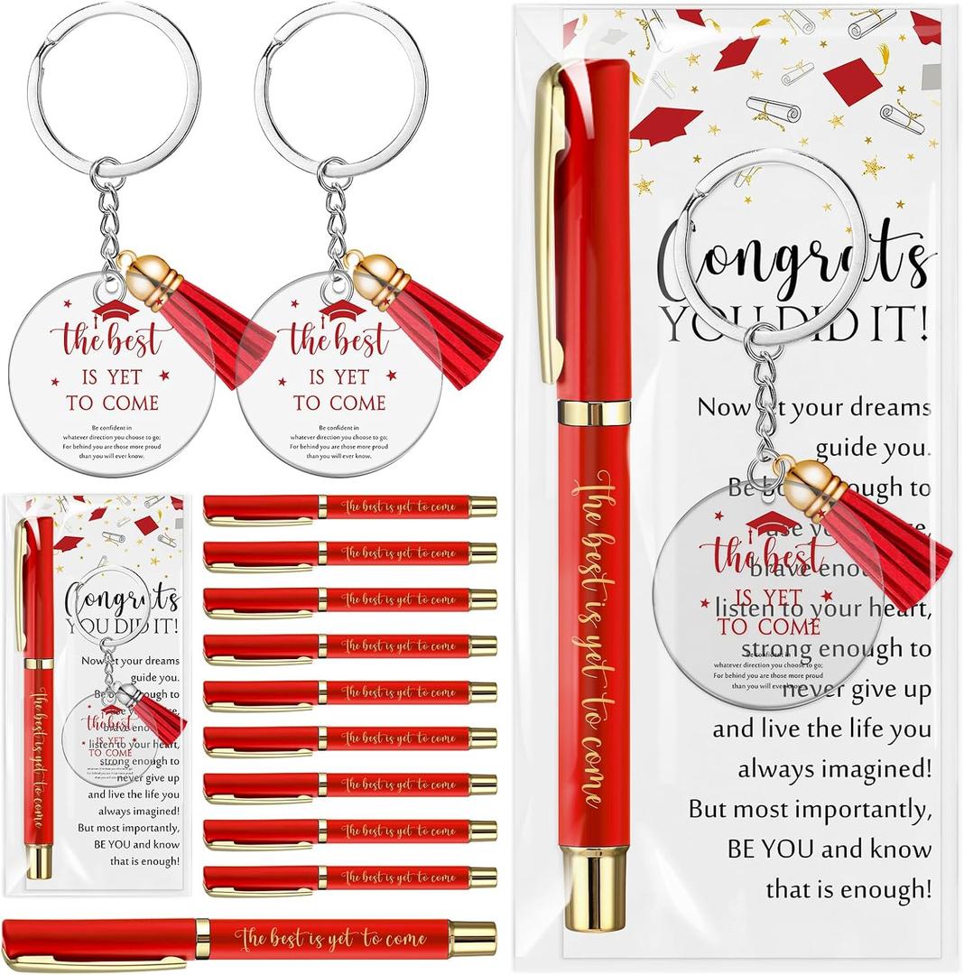 AmazingSpark 30 Set Graduation Gifts Bulk Class of 2026 Metal Ballpoint Pens Acrylic Keychains with Tassels and Congrats Greeting Cards Grad Party Favors for Teacher Student School Supplies (Red)