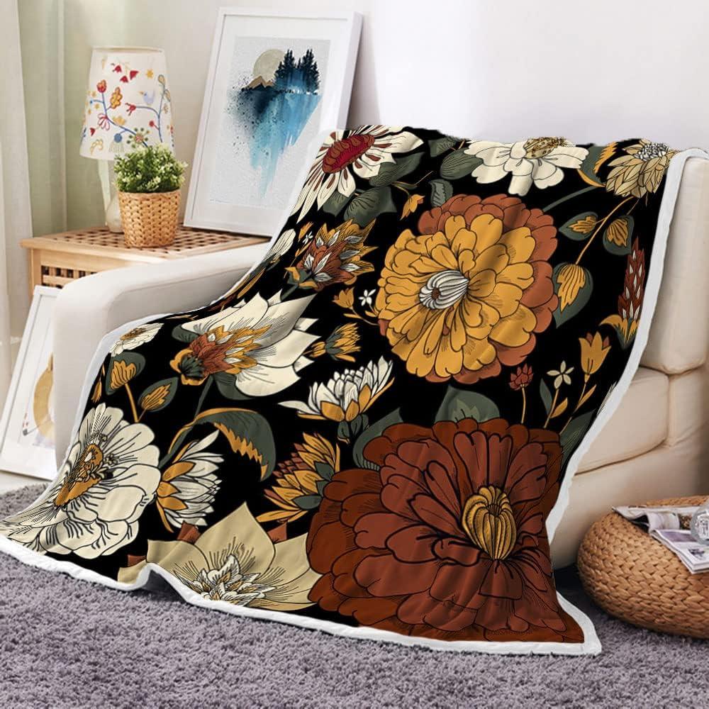 Boho Floral Botanical Throw Blankets, Mid Century Morden Plant Abstract Bohemian Flowers Tropical Leaves Cozy Warm Bed Couch Blanket, White Fleece Flannel Throws to Decorate Room and Bedroom (60X80)
