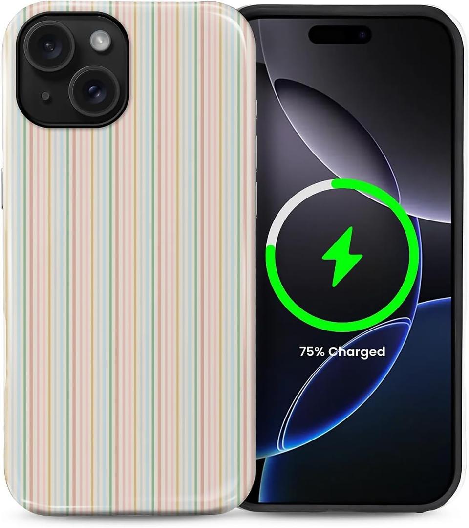 for iPhone 15 Case for Women Girl Men Boy, Compatible with MagSafe, Shockproof Soft Silicone & Hard PC Shell Protective Case for iPhone 15 - Pastel Stripe Aesthetic Beachy