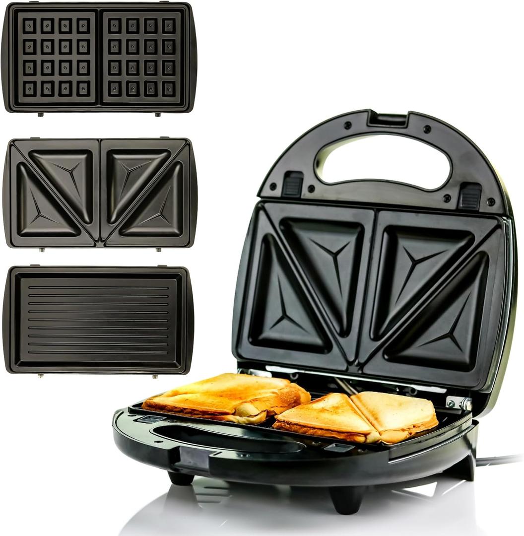 OVENTE 3 in 1 Electric Sandwich Maker, Panini Press Grill and Waffle Iron Set with Removable Non-Stick Plates, Perfect for Cooking Grilled Cheese, Tuna Melts, Burgers, Steaks and Snacks, Black GPI302B