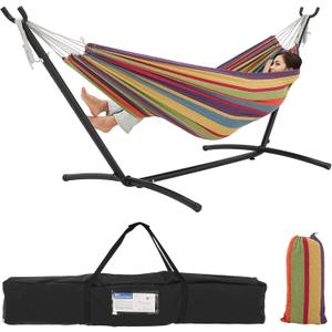 Double Hammock with Stand Included 450lb Capacity Space Saving Steel Stand,Premium Carry Bag Included,Suit for Outside,Indoor,Yard,Camping(Tropical).