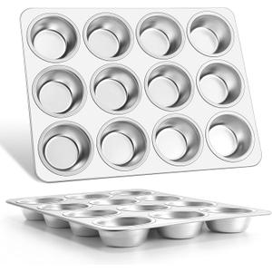 E-far Muffin Pan 12-Cup, Set of 2, Stainless Steel Cupcake Pan Metal Muffin Baking Tins for Oven, Regular Size & Easy Clean, Non-toxic & Dishwasher Safe